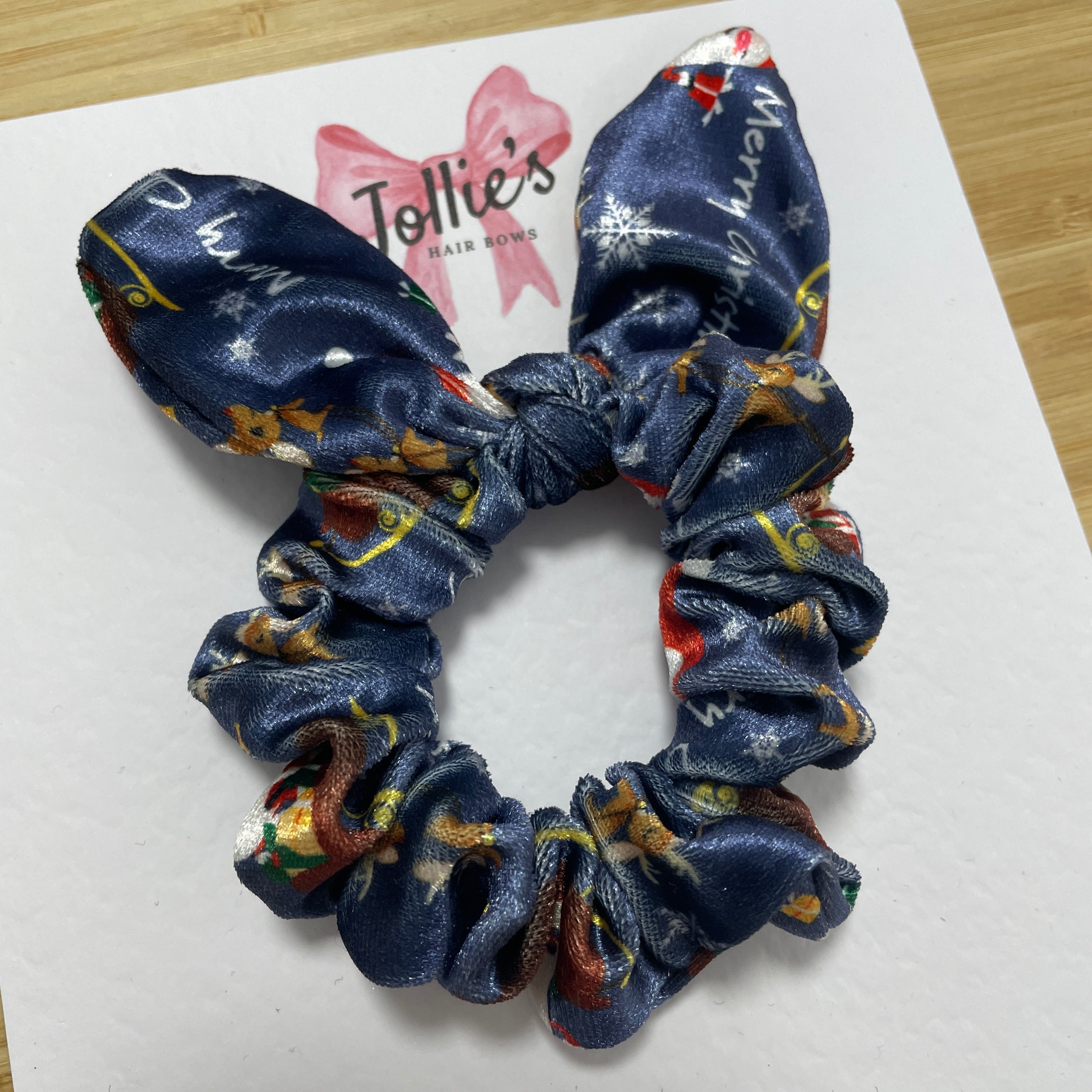 Christmas Velvet Bunny Ear Scrunchie - Navy Merry Christmas