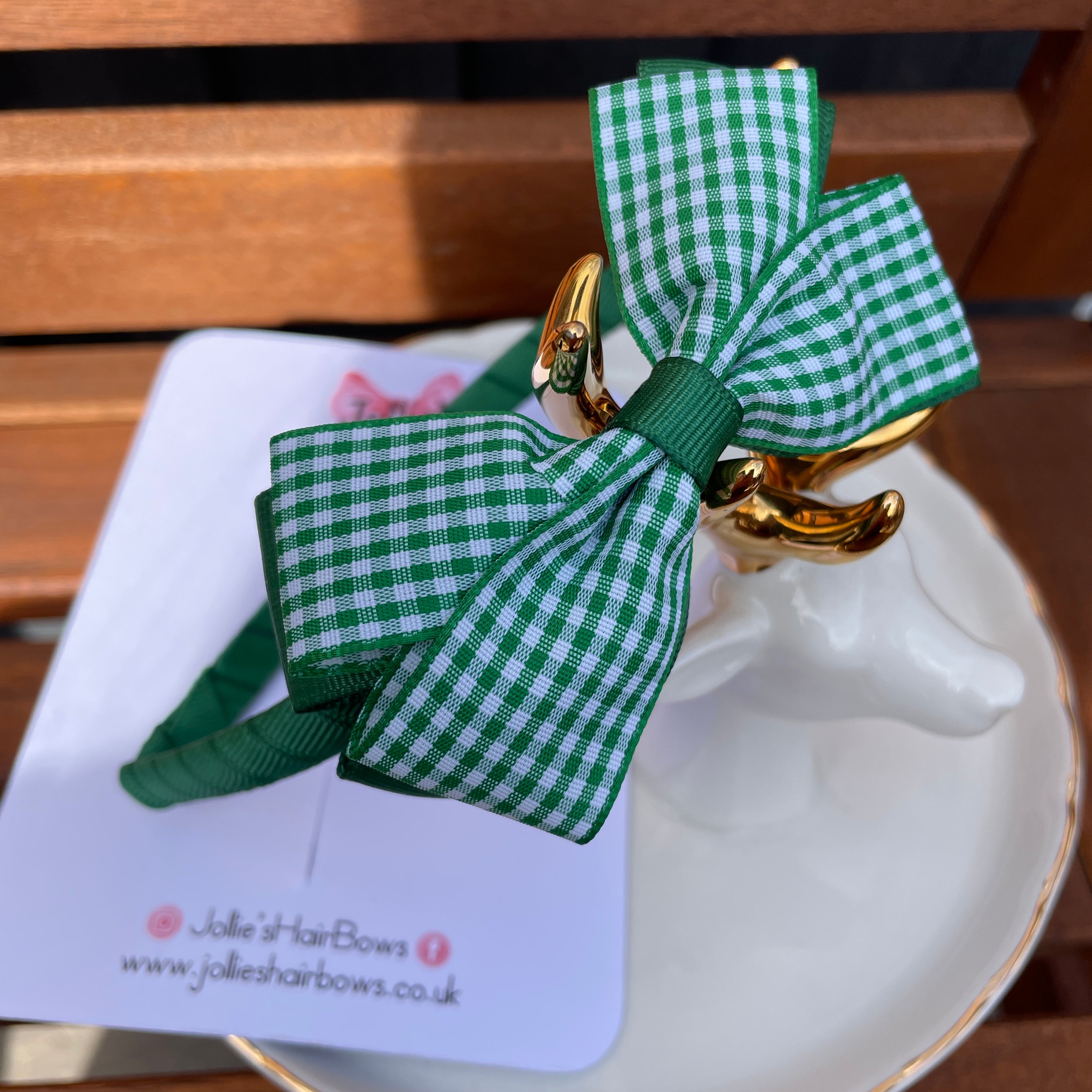 Flat Bow Headband - Green Gingham