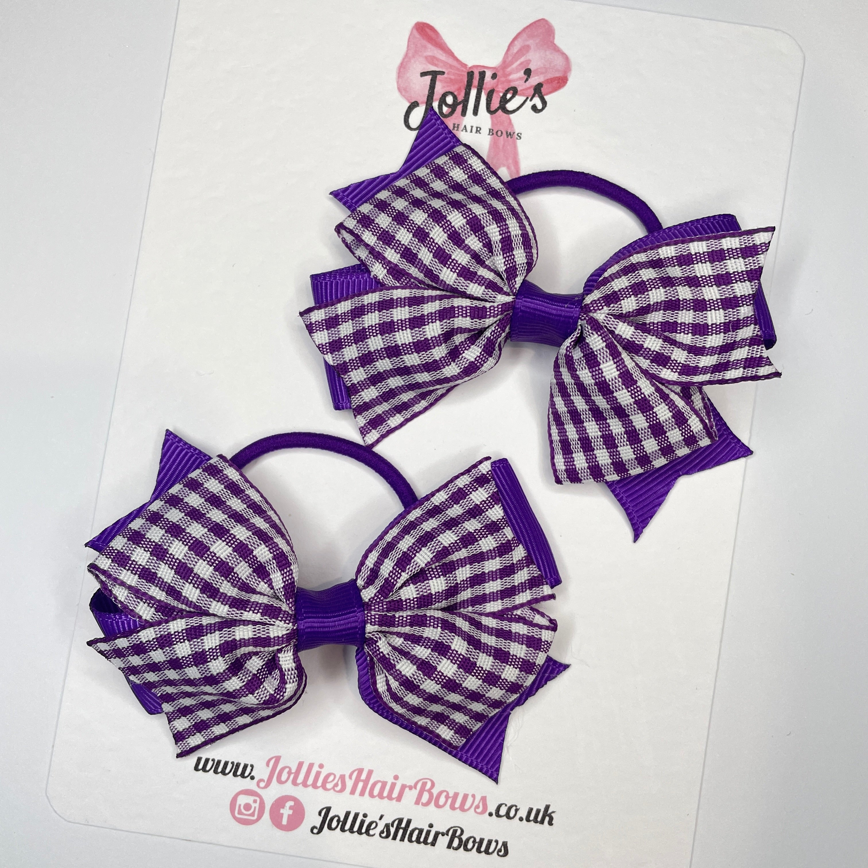 3inch Double Layer Bow with Thin Elastic (pair) - Purple Gingham