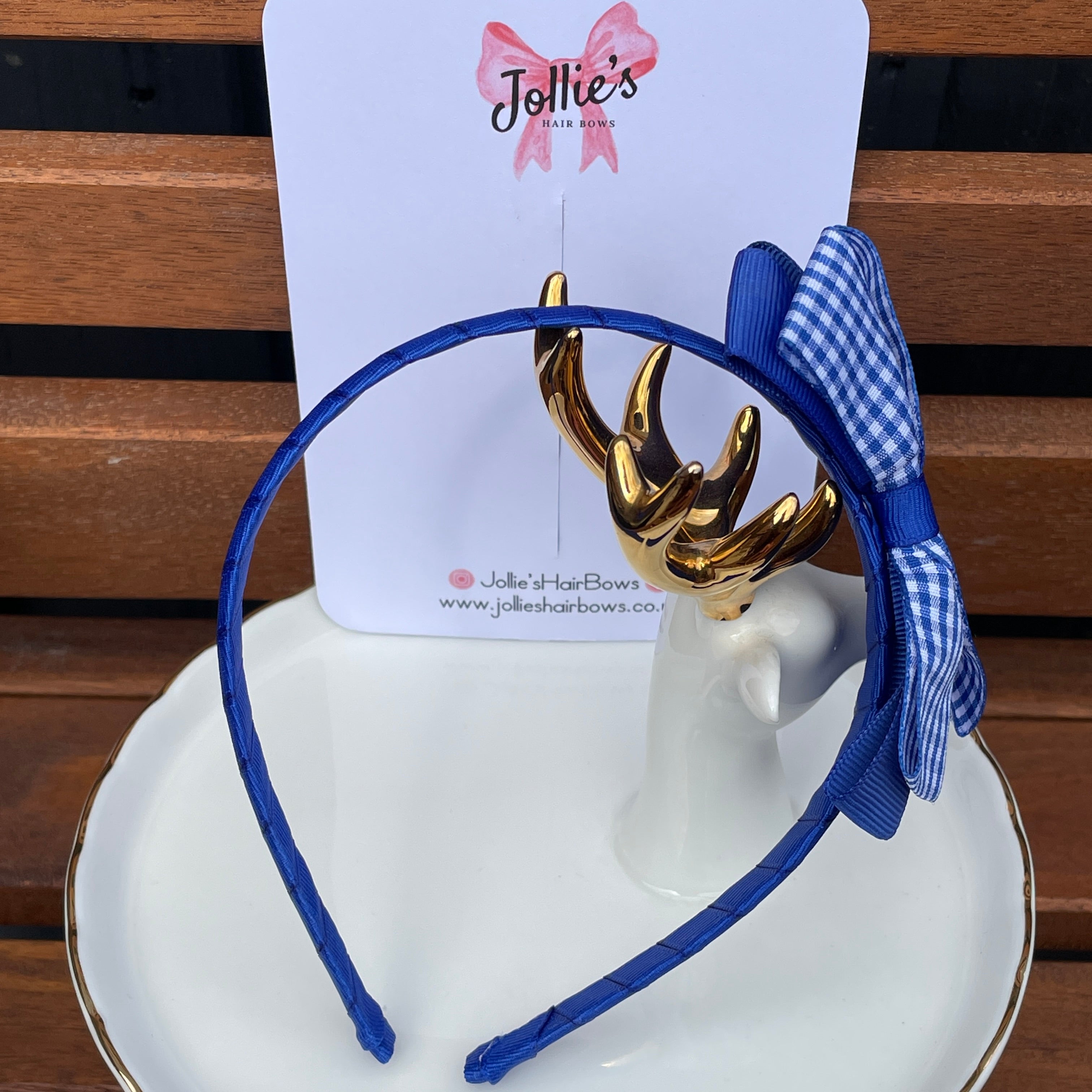 Flat Bow Headband - Electric Blue Gingham