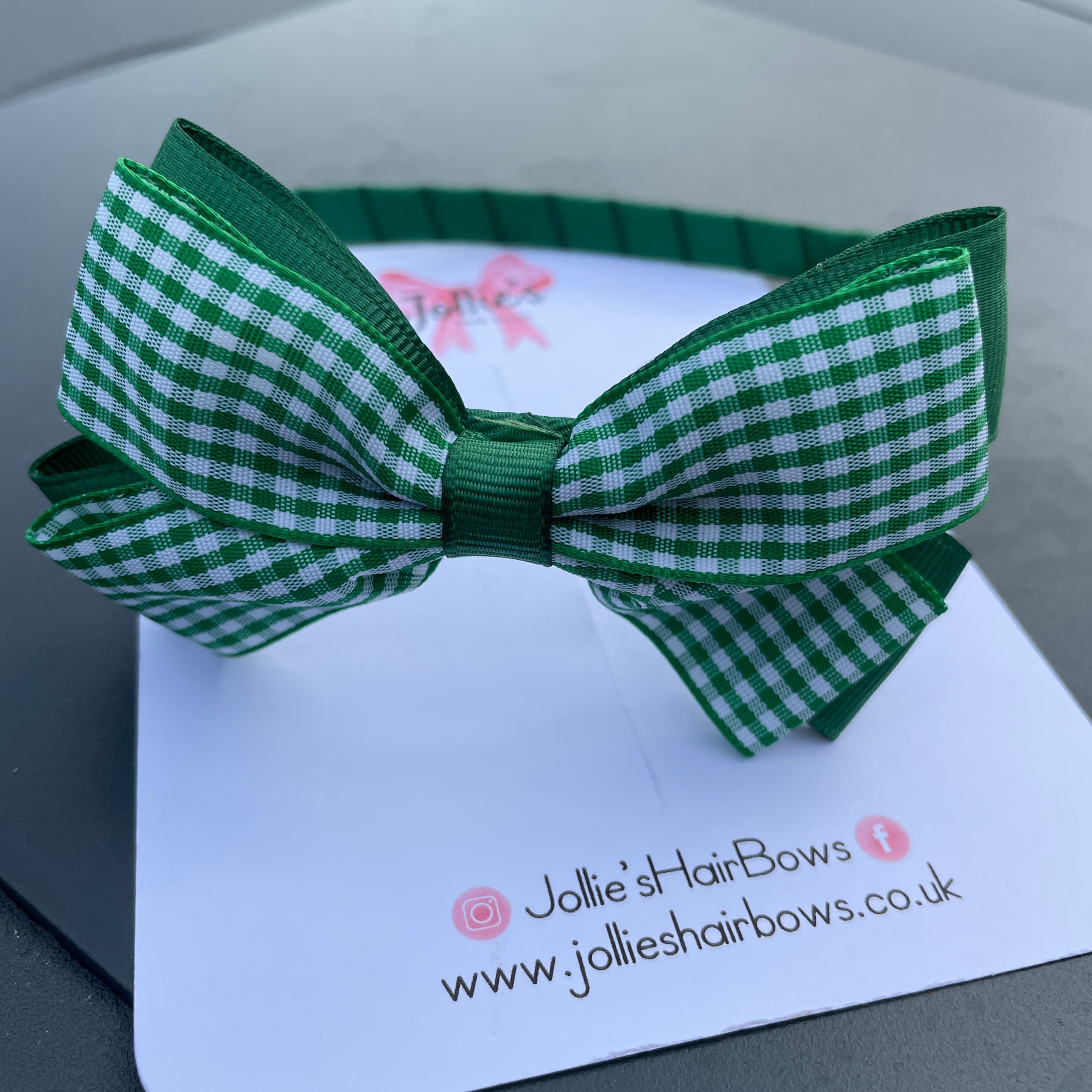 Flat Bow Headband - Green Gingham