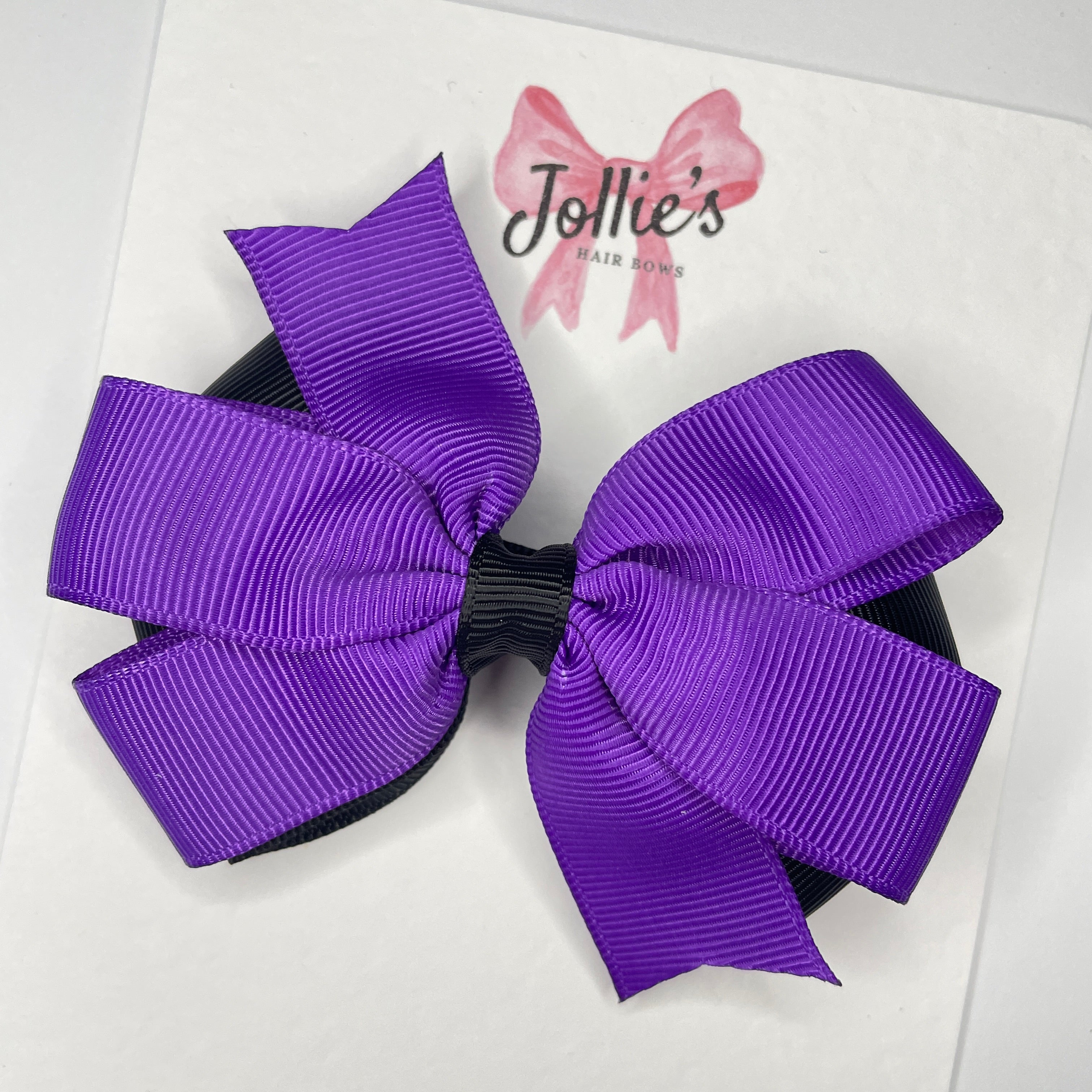 3.5inch Flat Double Bow with Clip - Black & Purple