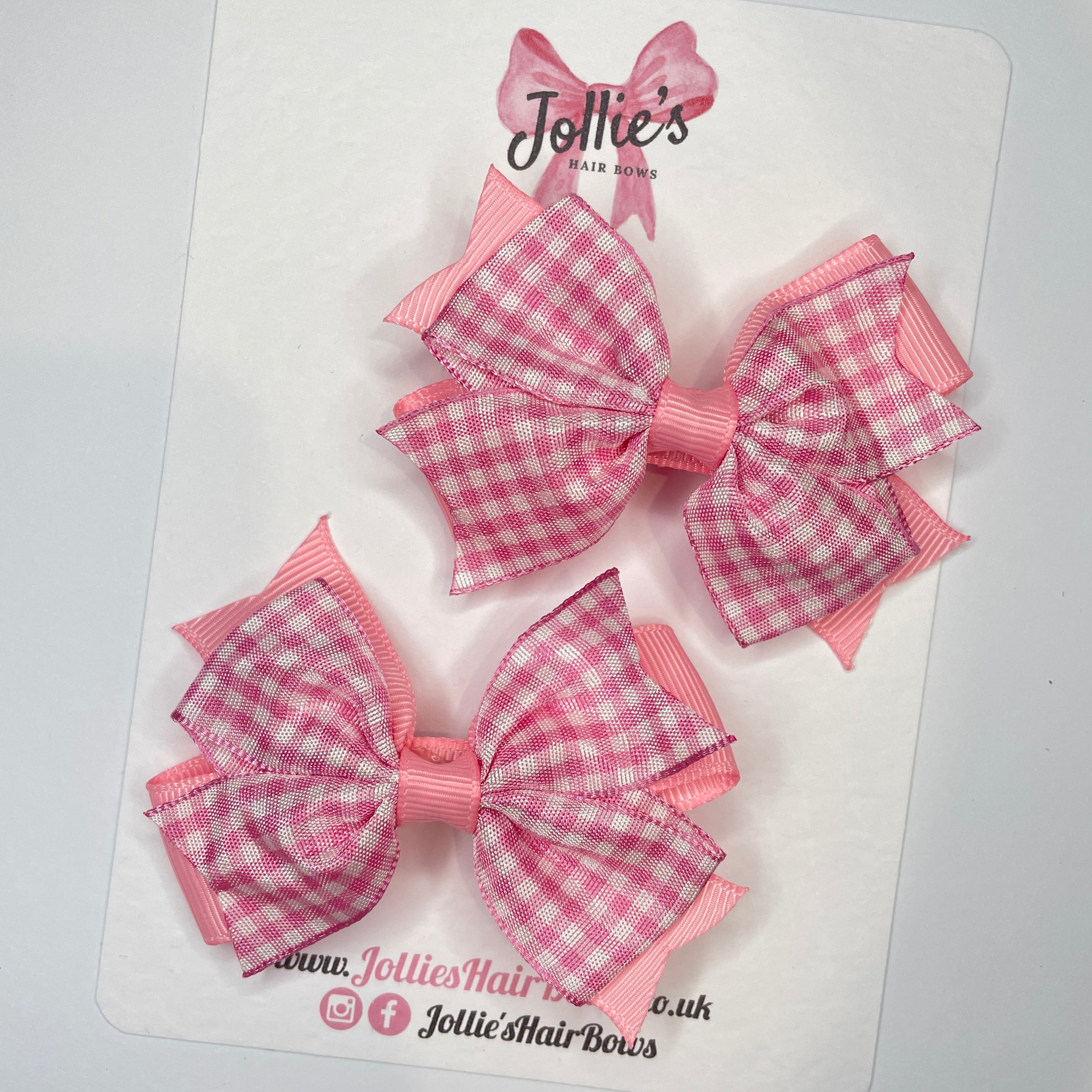 3inch Double Layer Bow with Clip (pair) - Pink Gingham