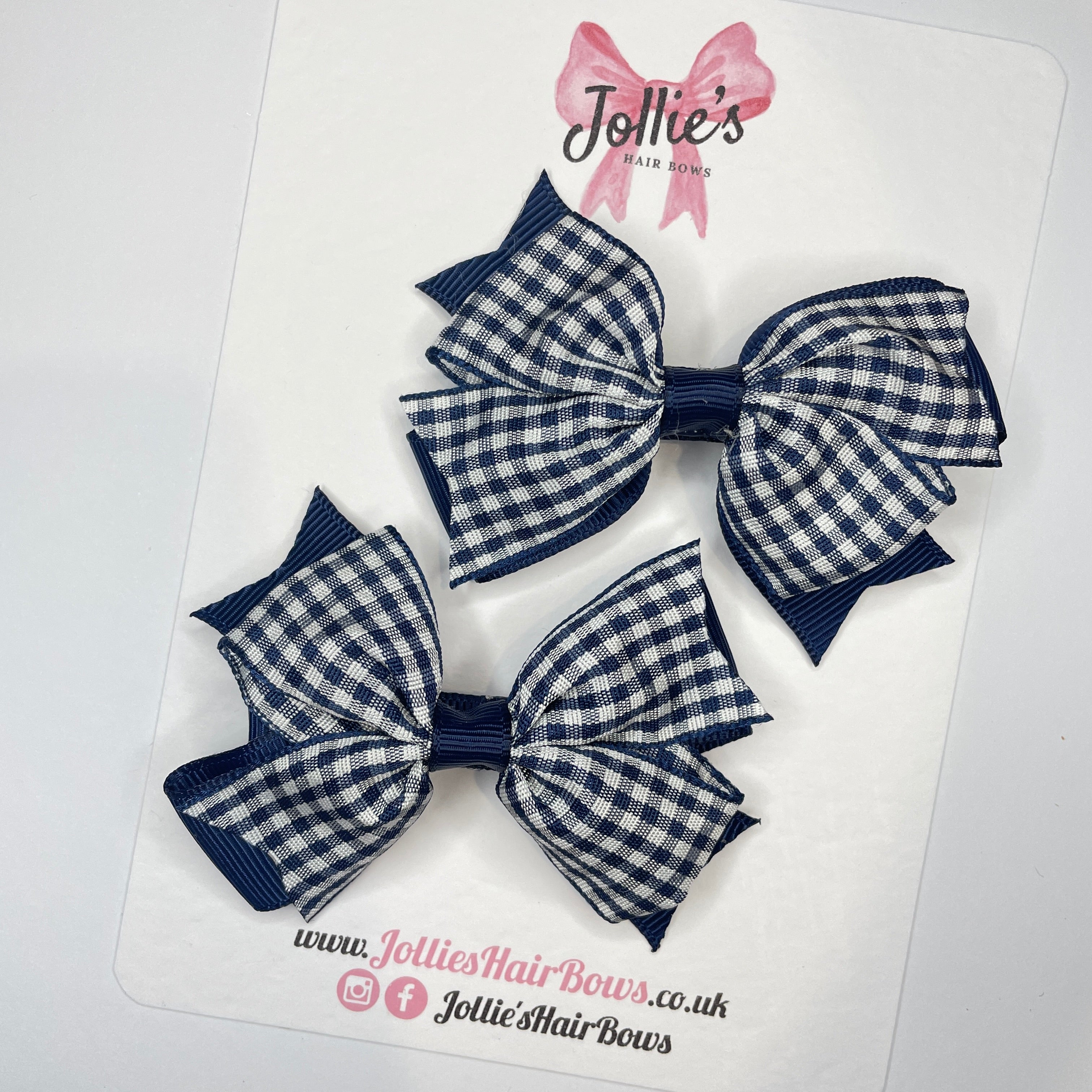 3inch Double Layer Bow with Clip (pair) - Navy Gingham