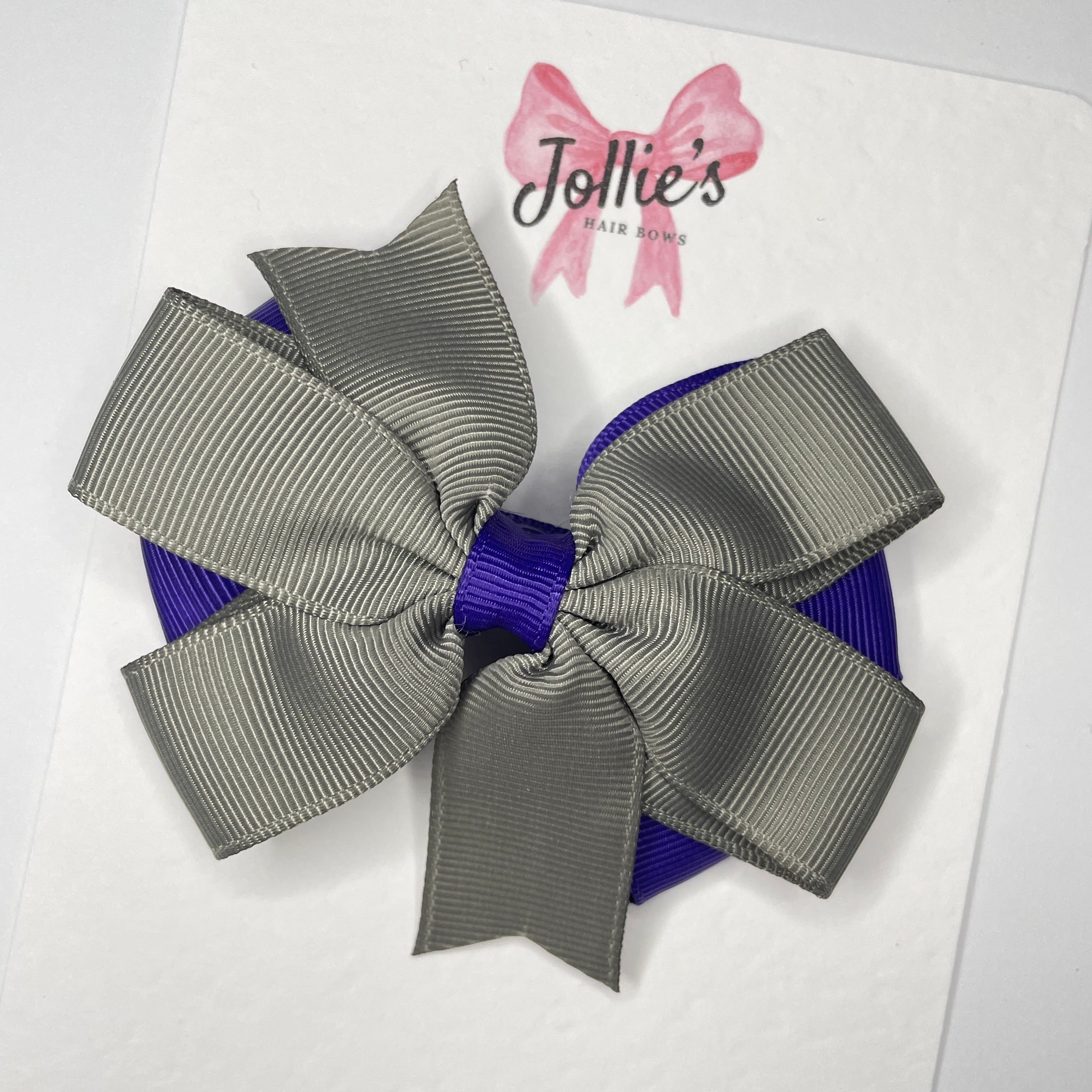 3.5inch Flat Double Bow with Clip - Regal Purple & Metal Grey