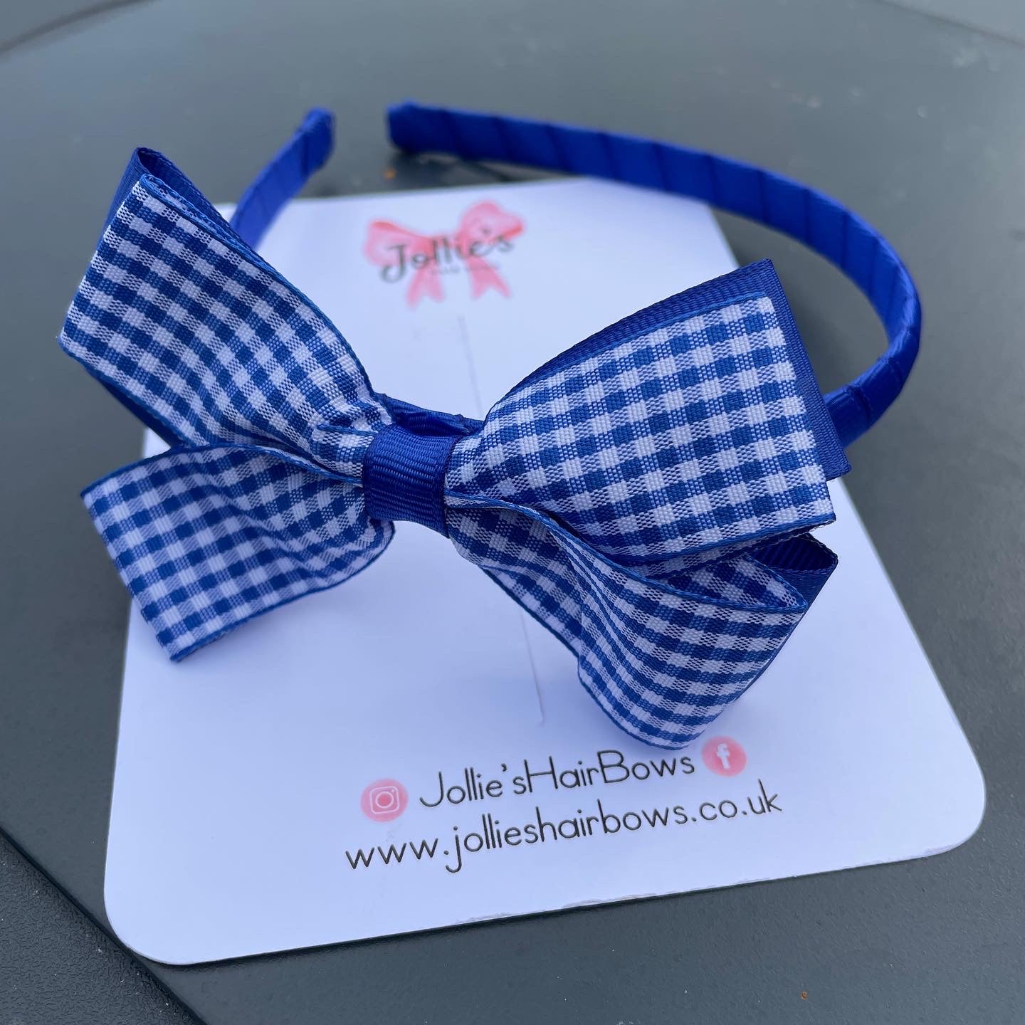 Flat Bow Headband - Electric Blue Gingham