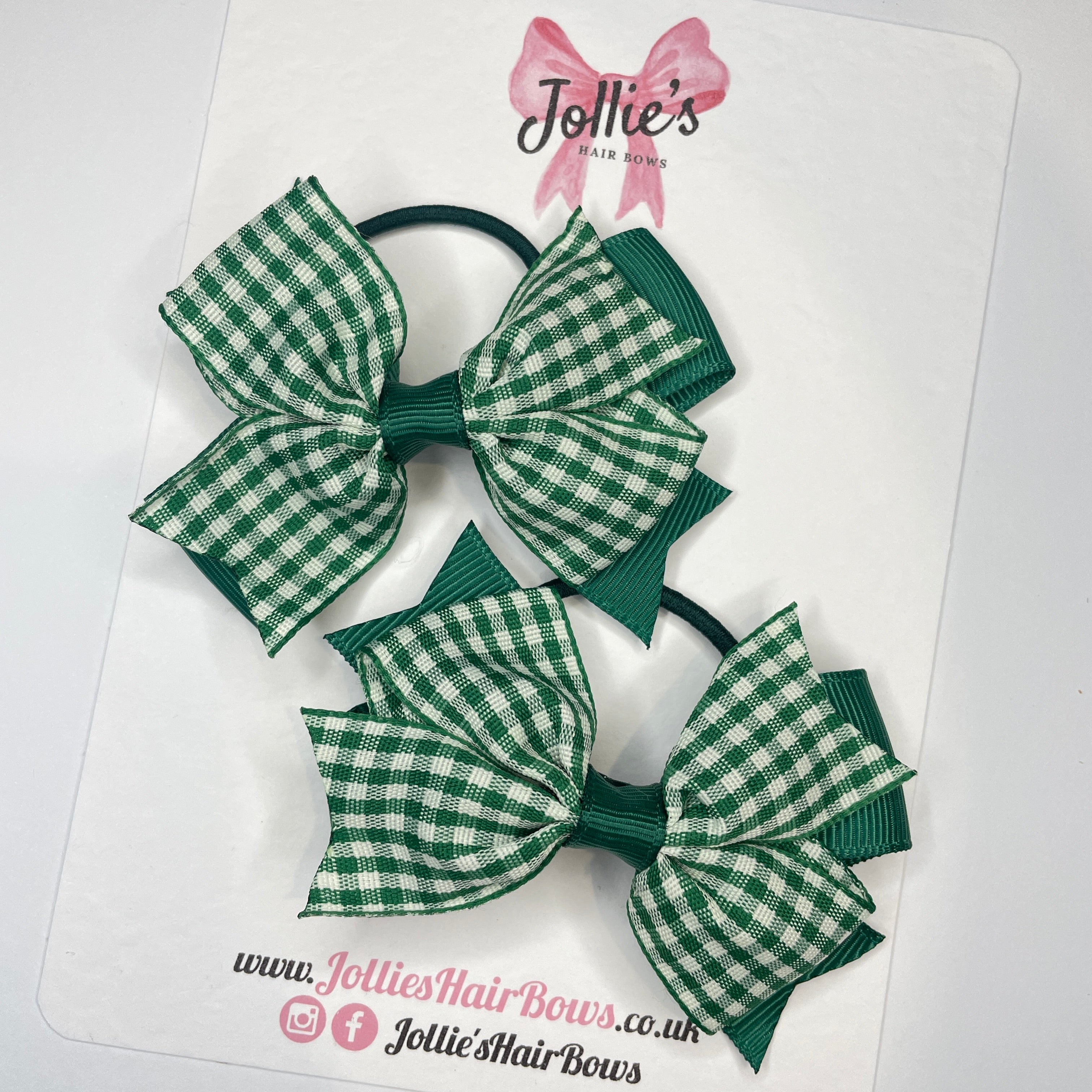 3inch Double Layer Bow with Thin Elastic (pair) - Hunter Green Gingham