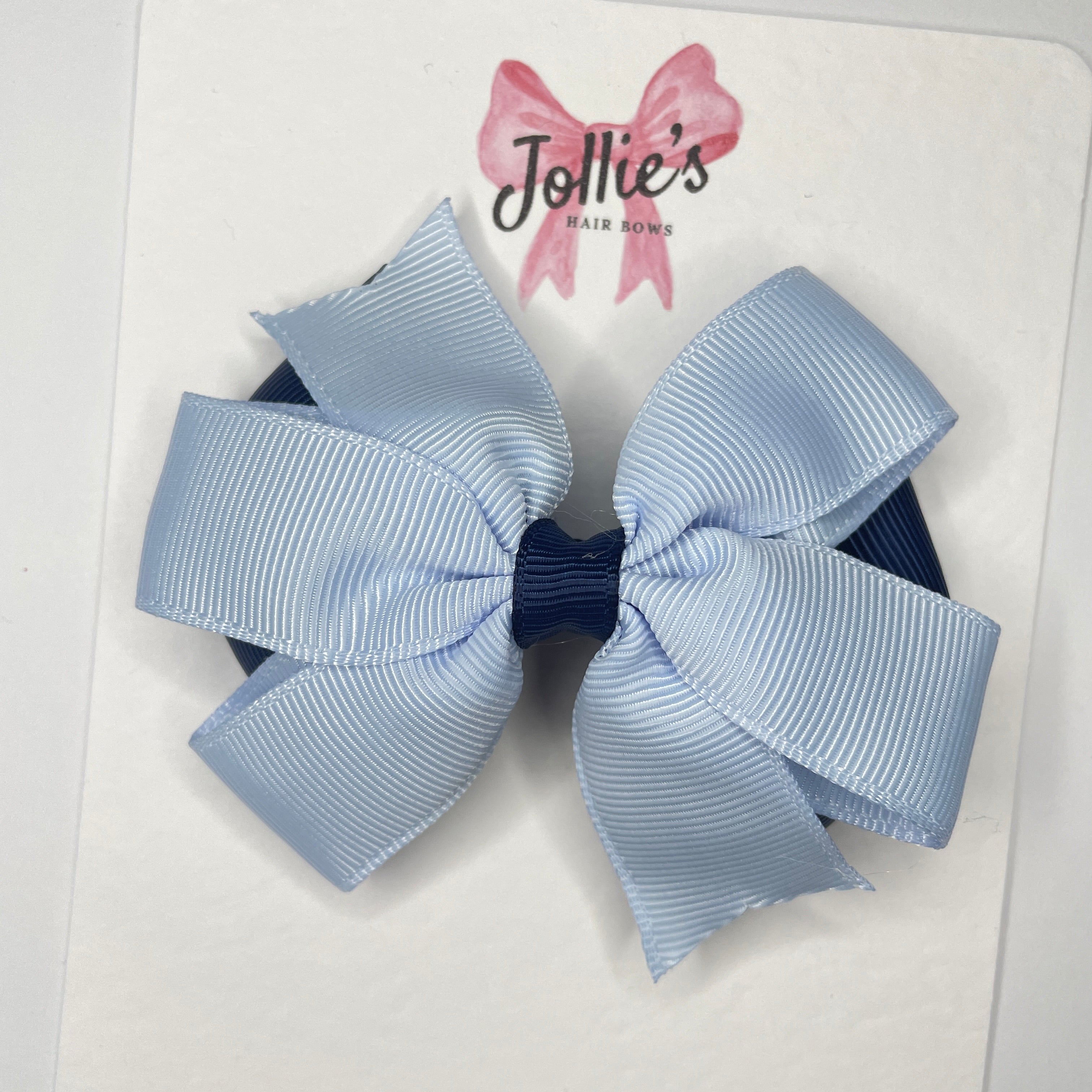 3.5inch Flat Double Bow with Clip - Navy & Bluebell