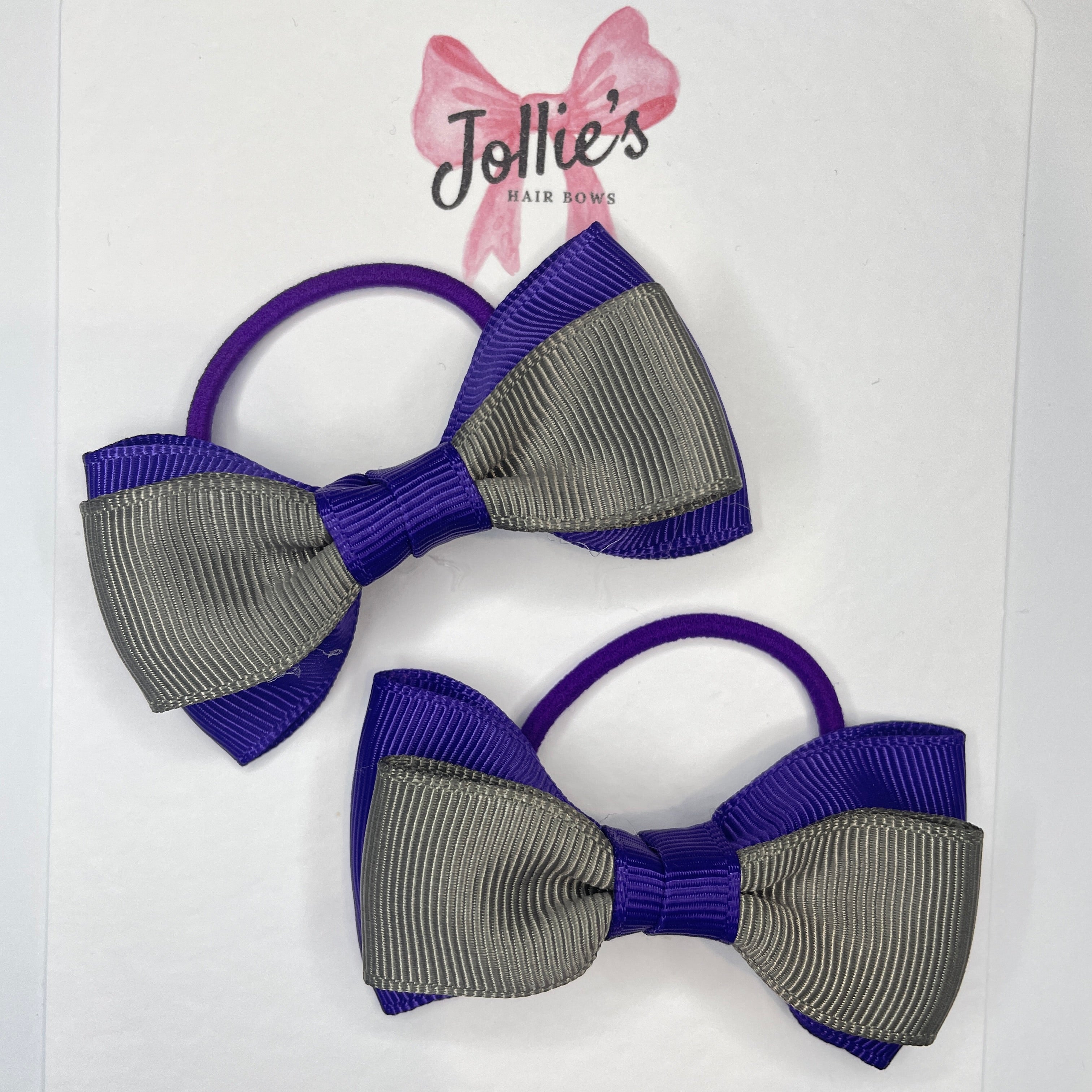 3inch School Bow with Thin Elastic (pair) - Regal Purple & Metal Grey