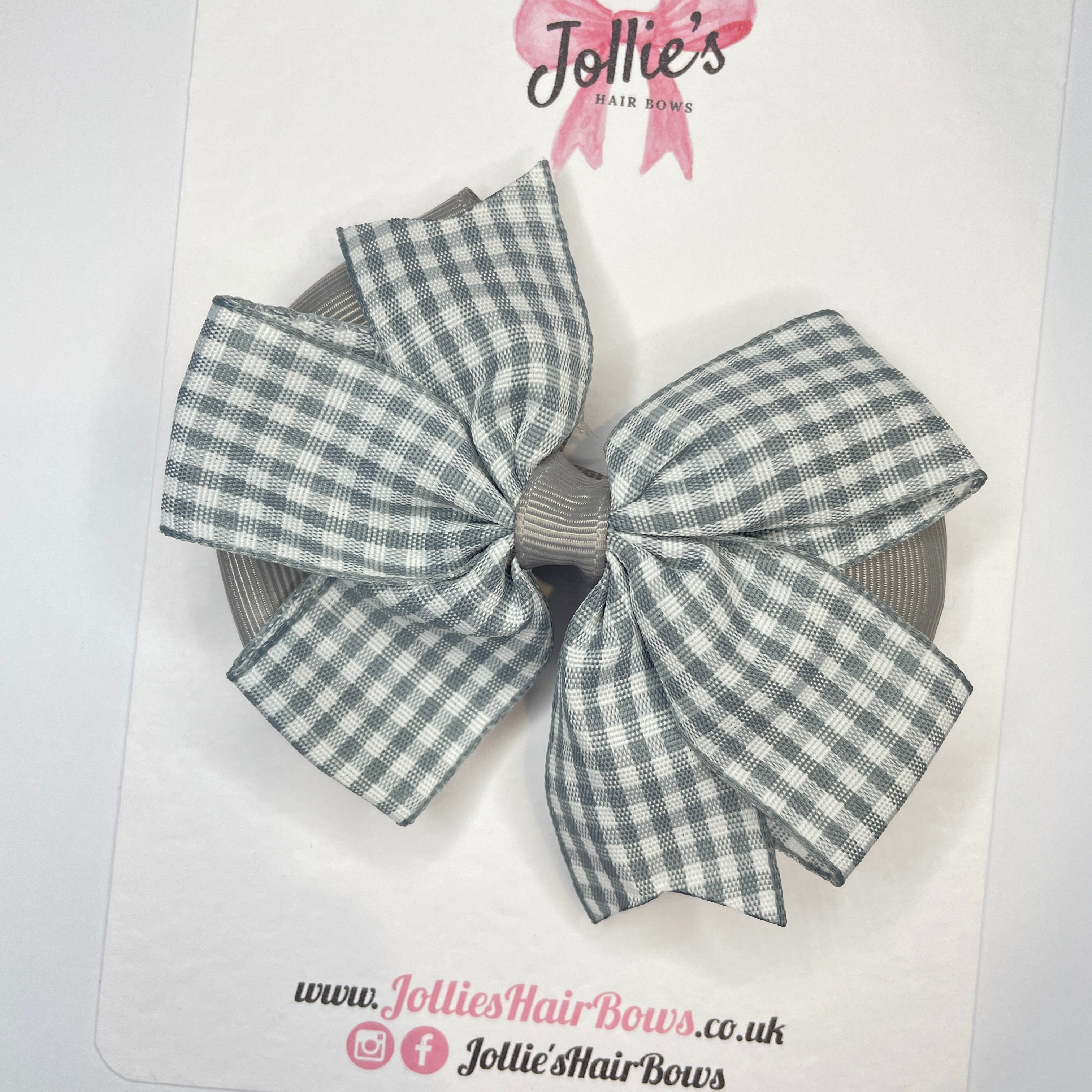 3.5inch Flat Double Bow with Clip - Silver Gingham