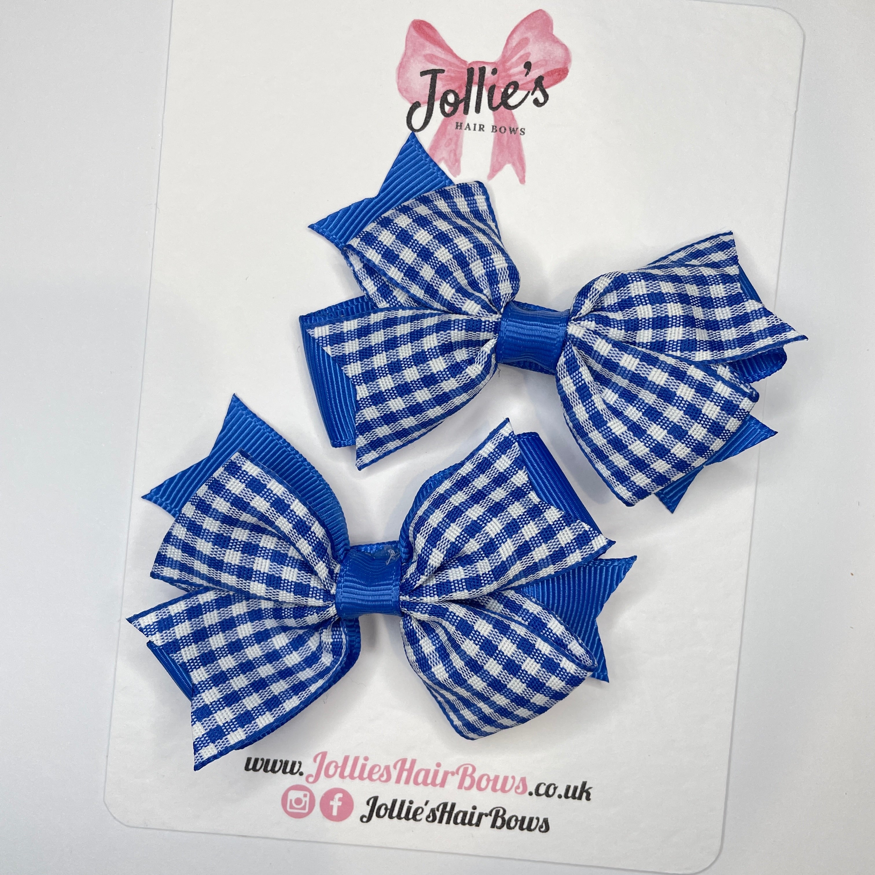 3inch Double Layer Bow with Clip (pair) - Royal Blue Gingham