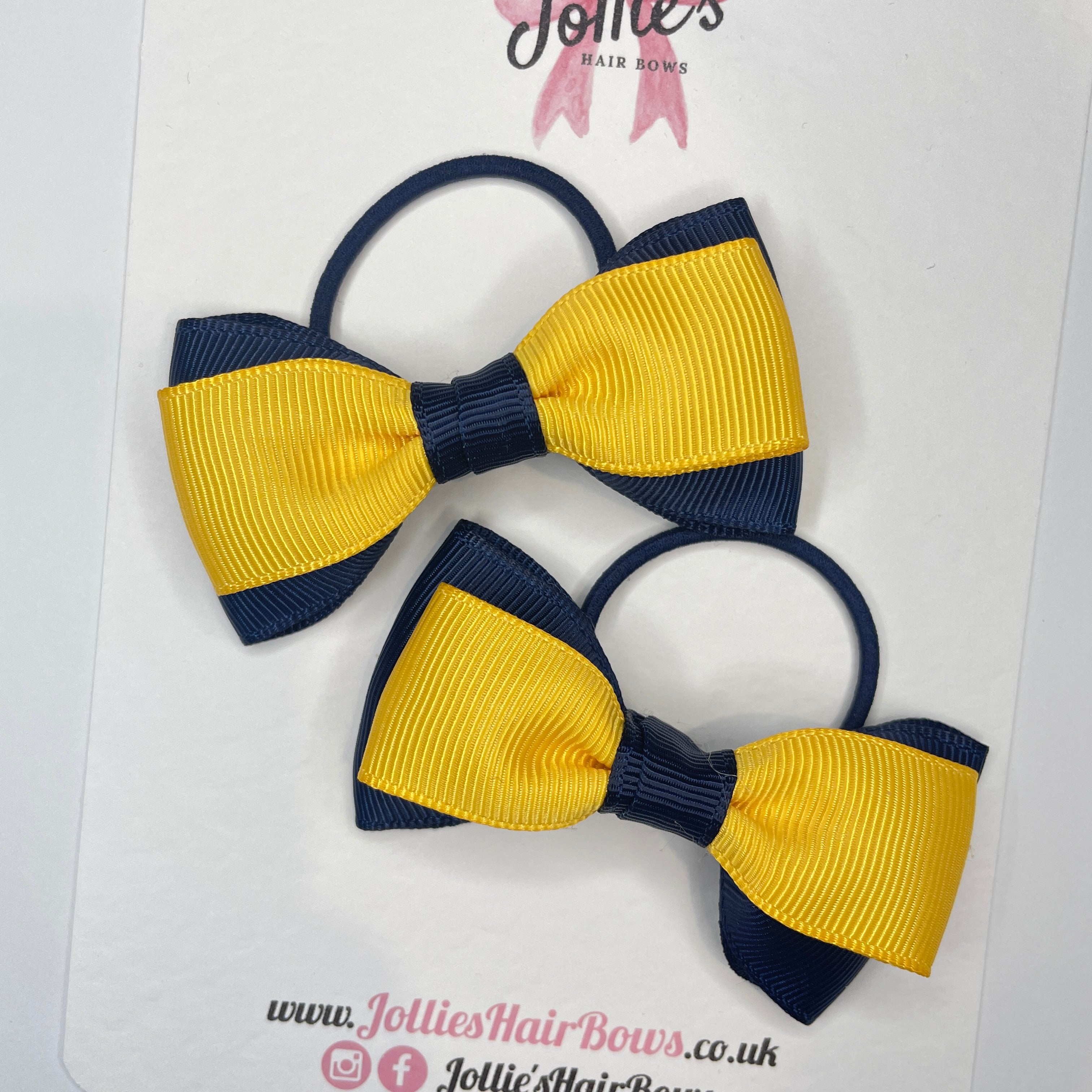 3inch School Bow with Thin Elastic (pair) - Navy & Yellow Gold