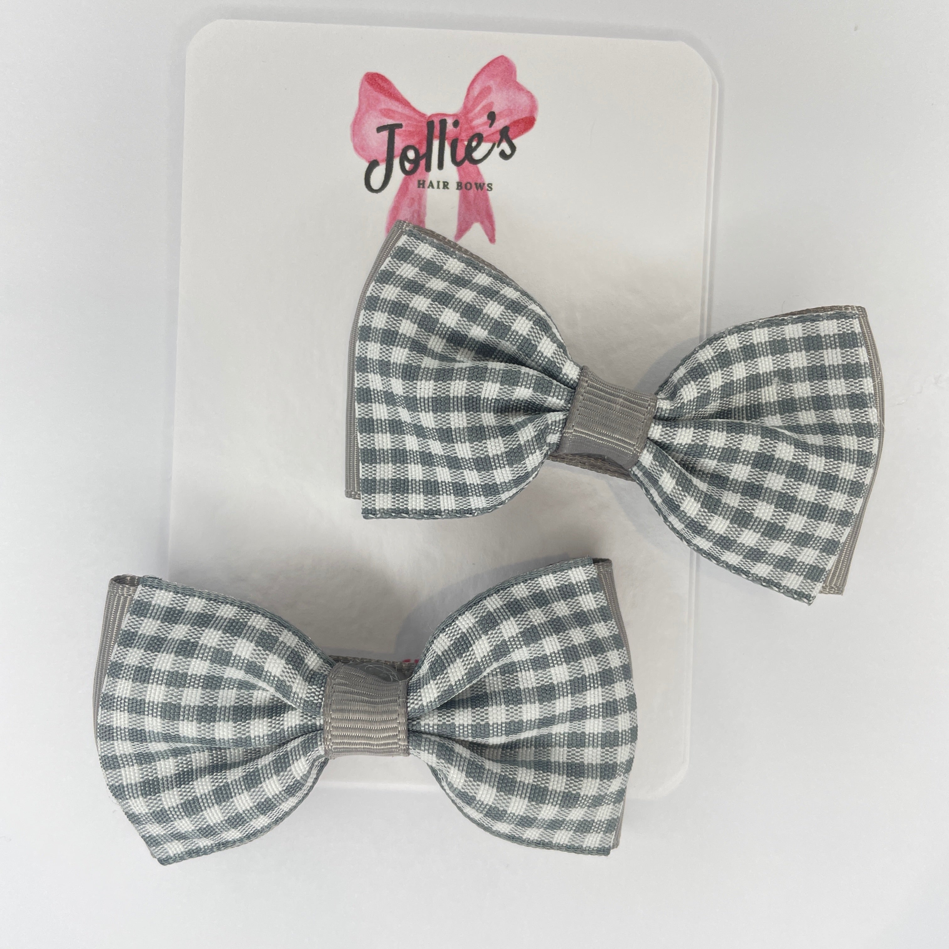 3inch Flat Double Bow with Clip (pair) - Silver Gingham